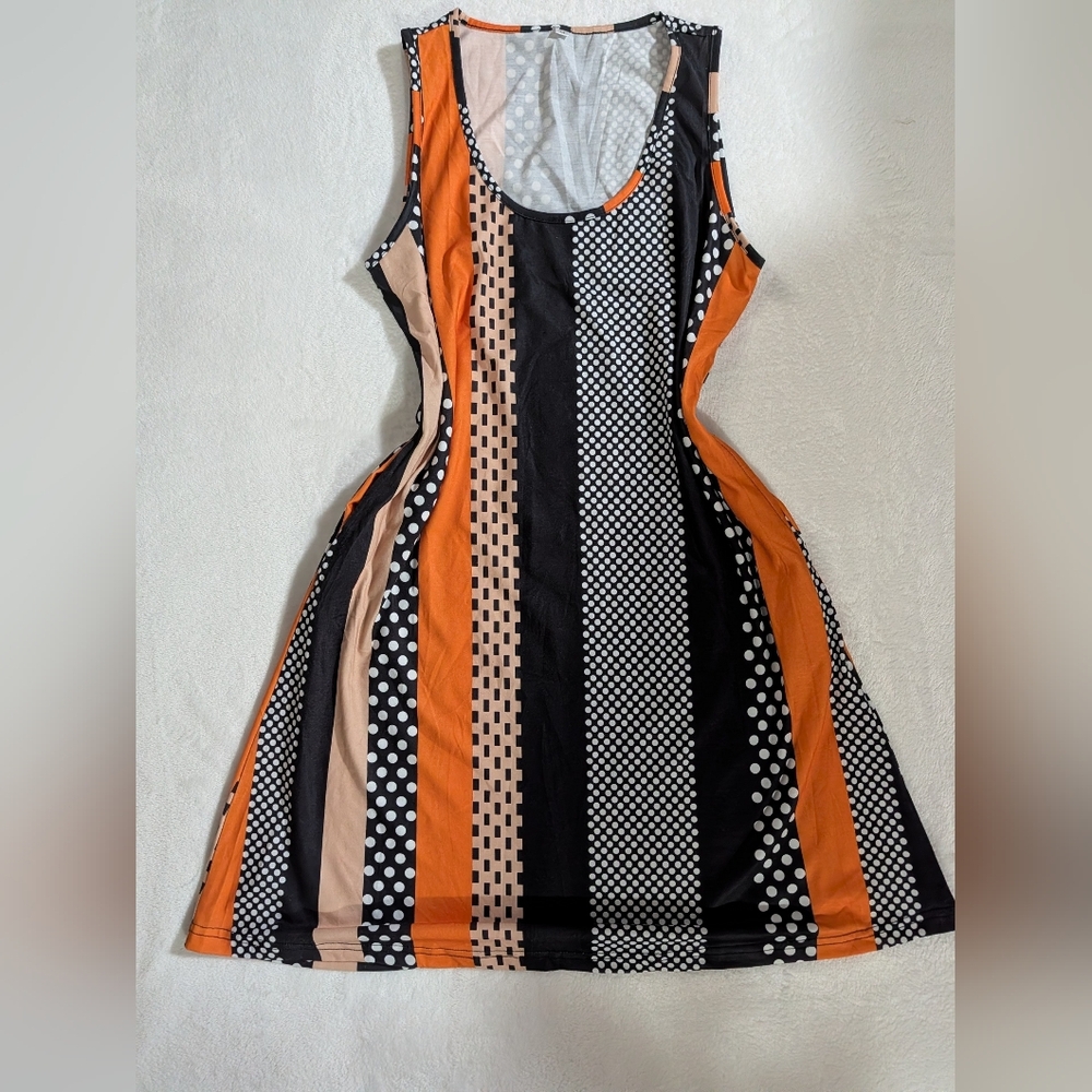 Cute summer dress, medium, orange and navy, breathable, has two pockets